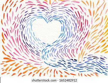 Hand Drawn Abstract Background About Love, Sympathy, Miracles. Watercolor Brush Strokes Create A Heart Shape, Bright Colorful Vibrant Effect, Like Sparkles Or Fireworks. 