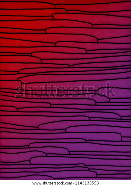 hand drawn abstract bamboo forest\
illustration with black marker on red and purple\
background