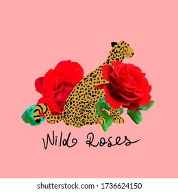 Hand Drawn Abstract Cheetah Doodle   Real Red Roses and Wild Roses Text T Shirt Design Pattern Isolated Background