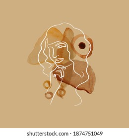 Hand Drawn Abstract Collage With Single Line Drawing Of Woman And Watercolor Paint Texture. Neutral Earthy Colors. Stock Illustration.