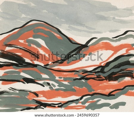 Hand drawn abstract landscape. Versatile artistic image for creative design projects: posters, banners, cards, prints, wallpapers. Watercolor on cardboard. Artist-made art.