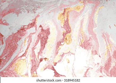 Hand Drawn Abstract Marble Texture. Handmade With Liquid Paint. Pink And Gold Ink. 