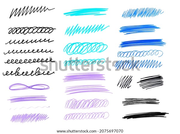 Hand drawn abstract underlines on white.\
Multicolored backgrounds with array of lines. Chaotic patterns.\
Colorful illustration. Sketchy\
elements