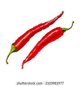 Hand Drawn Acrylic Chilli Pepper. Watercolor Chilli Vegetable Illustration. Painted Isolated Gouache Food On White Background For Menu.