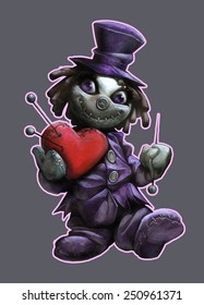 Hand drawn acrylic illustration and funny doll holding plush red heart   pins