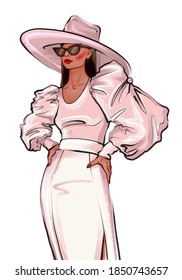 Hand Drawn African American Young Woman Posing Art. Fashion Woman With Sunglasses And Hat. Stylish Cute Girl In Sunglasses Fashion Sketch On White Background. Beautiful Stylish Woman In Pink Dress