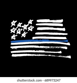 Hand drawn American flag "Thin blue line" monochrome Illustration. Painted by Brush. Isolated on black.