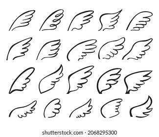 Hand Drawn Angel Wings Icon. Stylized Winged Birds Outline Logo, Flying Dove Feathers Tattoo Sketch. Cute Angelic Wing Doodles  Set. Different Fairy Flying Animal Part Silhouettes