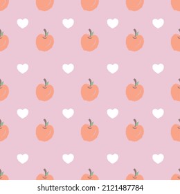 Hand Drawn Apple With Heart Seamless Pattern On Pink Background Use For Desktop Wallpaper Or Website Design, Abstract Background With Holiday.