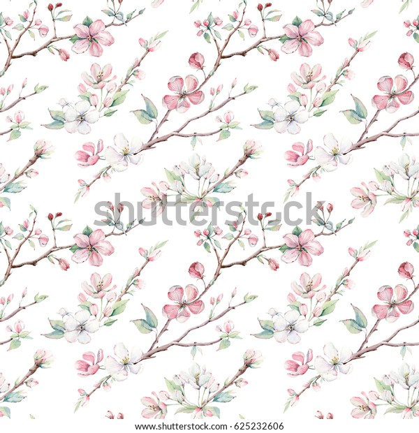 手描きのリンゴの木の枝と花のシームレスな模様 壁紙 布地デザイン 繊維デザイン カバー 包装紙 表面のテクスチャー デジタル紙に最適です のイラスト素材