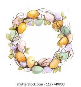 Hand drawn aquarelle colorful illustration. Watercolor artwork. Spring Easter wreath of branches, leaves, flower and painted eggs.