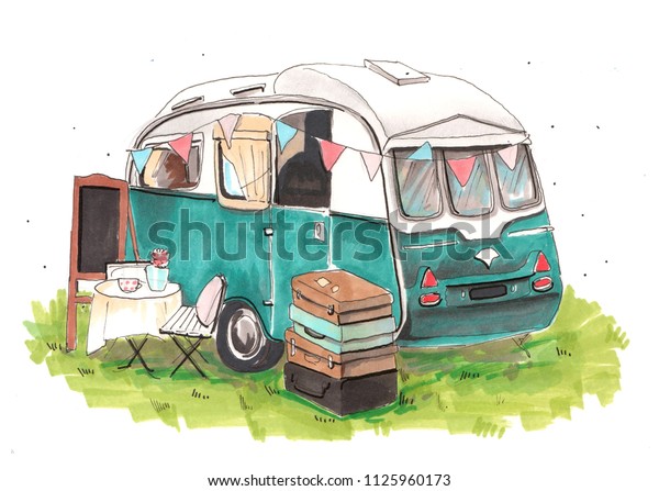 Hand drawn aquarelle colorful illustration. Watercolor artwork. Summer, travel trailer on camping parking. Vintage and old school. Hipster tourist on nature. Easel, table, chair, suitcases on grass.