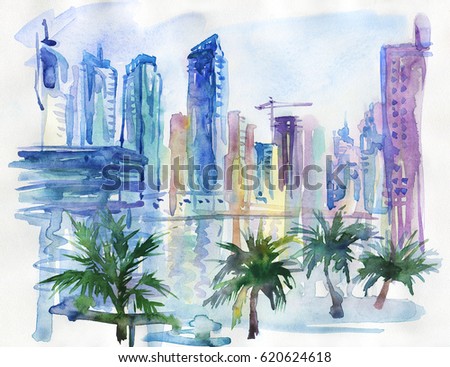 Hand drawn Arab Emirates cityscape. Watercolor Dubai, Marina walk, palm and skyscraper. Painting background illustration