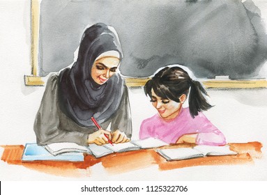 Hand Drawn Arabian Teacher Woman And Pupil. Watercolor Portrait Of Modern And Free Muslim Lady. Sketching Education Illustration