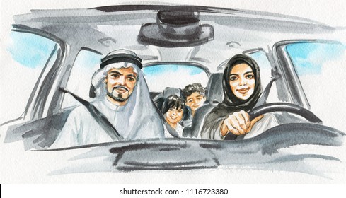 Hand drawn arabian woman drive a car. Watercolor portrait of modern and free muslim lady. Sketching family illustration - Powered by Shutterstock