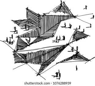 Hand Drawn Architectural Sketch Of A Modern Abstract Architecture