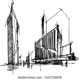 Hand Drawn Architectural Sketch Of A Modern Abstract Architecture