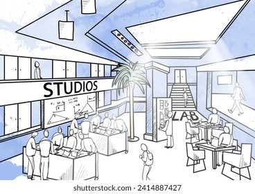 Hand Drawn Architecture Sketch Creative Coworking Office Space Workplace Style concept Illustration - Powered by Shutterstock