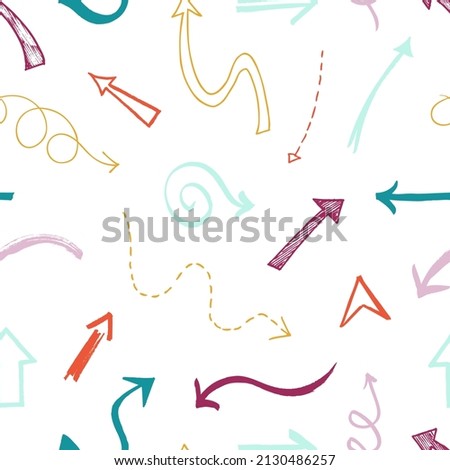 Hand drawn arrows pattern. Seamless texture with doodle arrow, sketch direction marks. Scribble elements, colorful decorative background