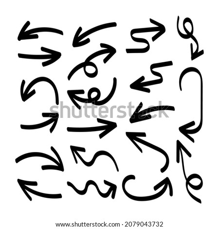 hand drawn arrows set, decorative elements, black bold arrows isolated on white background.