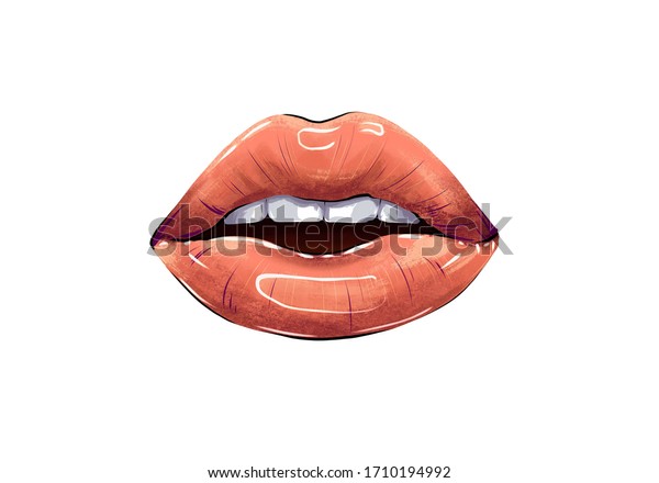 女性の唇の手描きの芸術が白い歯を見せながら口を開いた ファッション用の唇のイラストに金色のリップグロス のイラスト素材