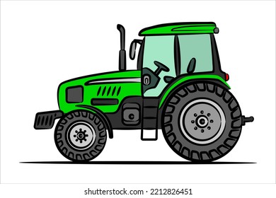 A Hand Drawn Art Of A Green Tractor. Wheeled Tractor, Side View.  Modern Flat Illustration. Side View Of Modern Farm Tractor