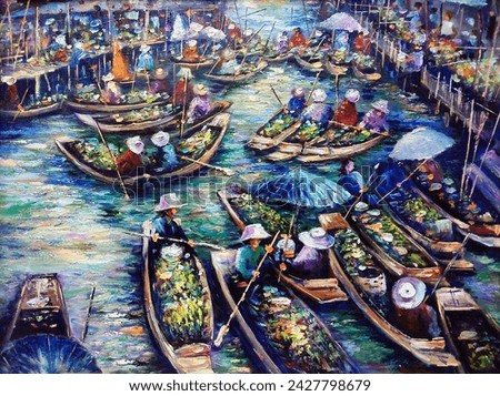 Hand drawn Art painting Oil color Floating market dumnoen saduak background design from thailand