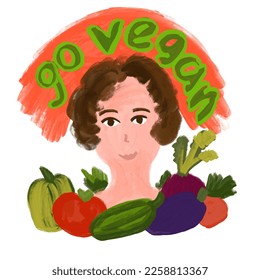 Hand drawn artist illustration of woman with various vegetables. Green organic fresh food package packaging logo sign, Carrot tomato vegan vegetarian produce, loose sketch painterly style. - Powered by Shutterstock