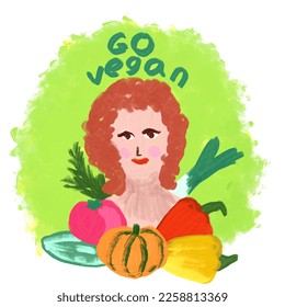 Hand drawn artist illustration of woman with various vegetables. Green organic fresh food package packaging logo sign, Carrot tomato vegan vegetarian produce, loose sketch painterly style. - Powered by Shutterstock