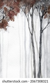 Hand drawn artist watercolour light haze paper card text space backdrop. Black color paint frost red brush style cool foggy rural bush shrub scenic view. Calm old twig fade yard artwork sketch scene