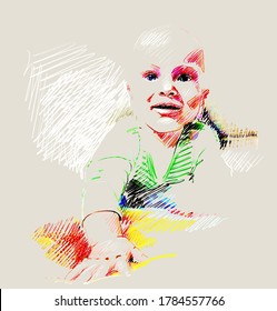 Hand Drawn Baby Boy Portrait Quirky Colorful Pencil Sketch, Digital Drawing. Lovely Baby Face Looking At Camera With Hand In Front