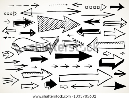 Hand drawn back and forth arrows set. Collection of symbols in black isolated over white background.