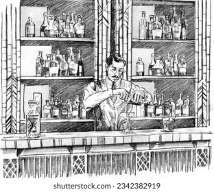 Hand Drawn Bar Tender Pouring Cocktail Art Deco Pencil Sketch - Powered by Shutterstock