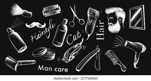 Hand drawn barber shop design elements on chalkboard. Real chalk drawing illustration. - Powered by Shutterstock