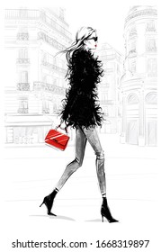 Hand drawn beautiful young woman with bag. Fashion look. Stylish girl walking with Paris street background. Woman in black feather jacket. Sketch. Fashion illustration.