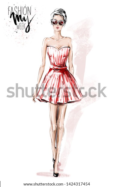 赤いドレスを着た手描きの美しい若い女性 スタイリッシュでエレガントな女の子 ファッションウーマンのルック スケッチ ファッションイラスト のイラスト素材