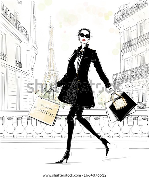 手描きの美しい若い女性と袋 ファッションルック パリの通りの背景にファッション服を着たスタイリッシュな女の子 黒いコートを着た女性 スケッチ ファッションイラスト のイラスト素材