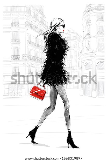 手描きの美しい若い女性とバッグ ファッションルック パリの通りの背景にスタイリッシュな女の子 黒い羽の上着を着た女性 スケッチ ファッションイラスト のイラスト素材