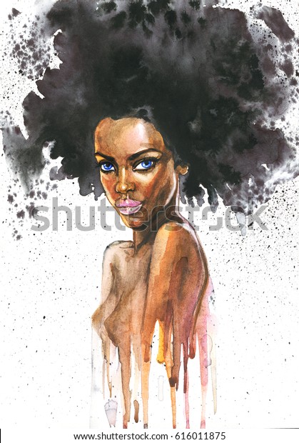 Hand drawn beautiful woman African mural painting. Watercolor abstract portrait of sexy girl. Painting fashion illustration on white background.