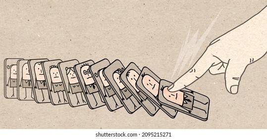 Hand Drawn Big Human Finger Pushing Down Cartoon People, Like A Domino Effect