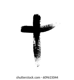 Hand drawn black christian cross signs. Religion. Hand drawn black grunge cross icon. Hand-painted cross symbol created with real ink brush isolated on white background. Grunge. Religion. Retro