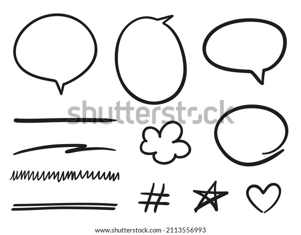 Hand drawn black doodles on white.
Abstract frames. Set of different signs and underlines. Elements
are drawn in a linear style. Black and white
illustration
