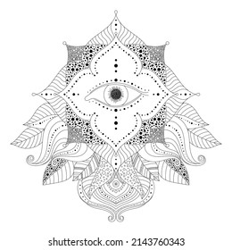 Hand Drawn Black And White Design Element With Magic Eye Inside Flower, And Leaves