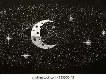 Hand Drawn Black And White Illustration Of A Half Moon, Surrounded By A Ring Of Stars