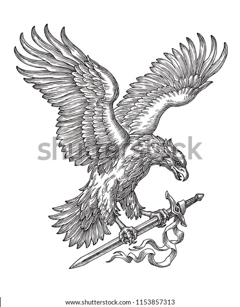 白黒の手描きのイラスト 剣を持つ飛ぶ鷲 のイラスト素材