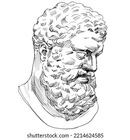 Hand drawn black   white line art illustration ancient greek sculpture  Bust the ancient Greek hero Hercules