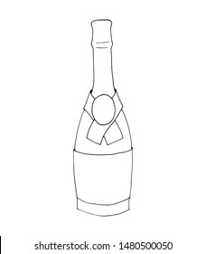 Hand Drawn Black And White Outline Of A Champagne Or Wine Bottle. 