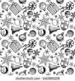 Hand drawn black and white seamless pattern with Christmas elements. Xmas and winter holidays. illustration in ink hand drawn style. 