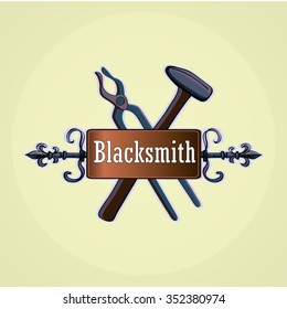 Hand drawn blacksmith labels with sledgehammer, hammer and vise