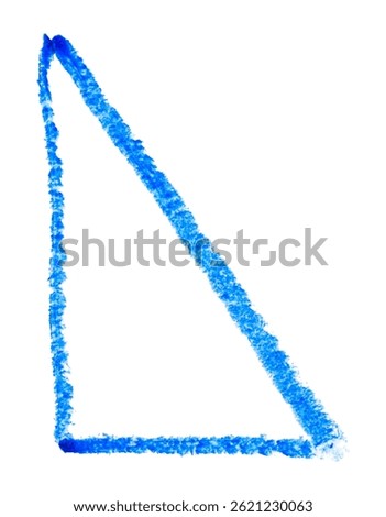 Hand drawn blue empty triangle, simple children's crayon illustration isolated